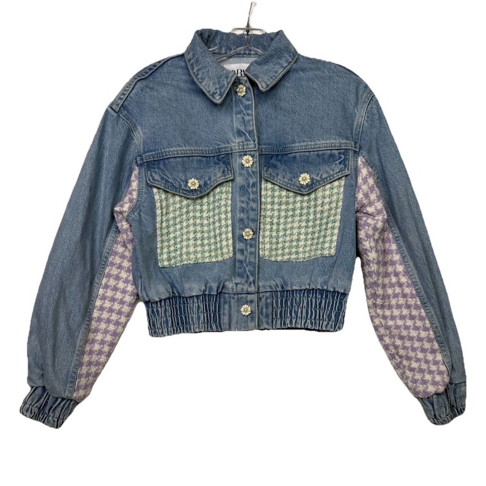 Zara Denim Houndstooth Patchwork Cropped Bomber Jacket Womens XS‎